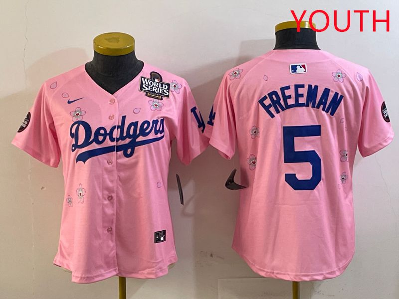 Youth Los Angeles Dodgers #5 Freeman Pink Sakura Edition 2025 Nike MLB Jersey style 6